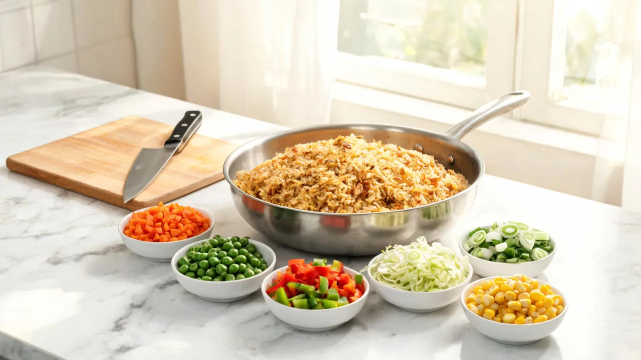 Kleurrijke gesneden wokgroenten met wortel, paprika en lente-ui naast een pan nasi