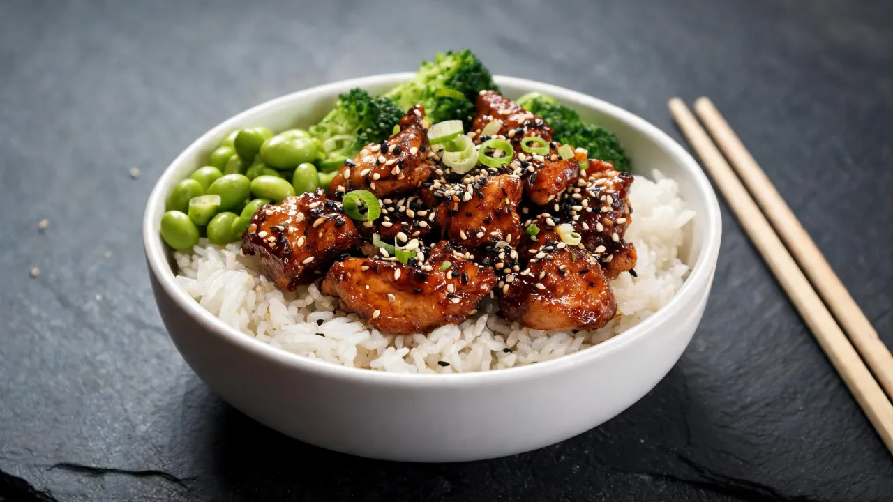 Kip teriyaki met witte rijst, broccoli en sesamzaad in een kom