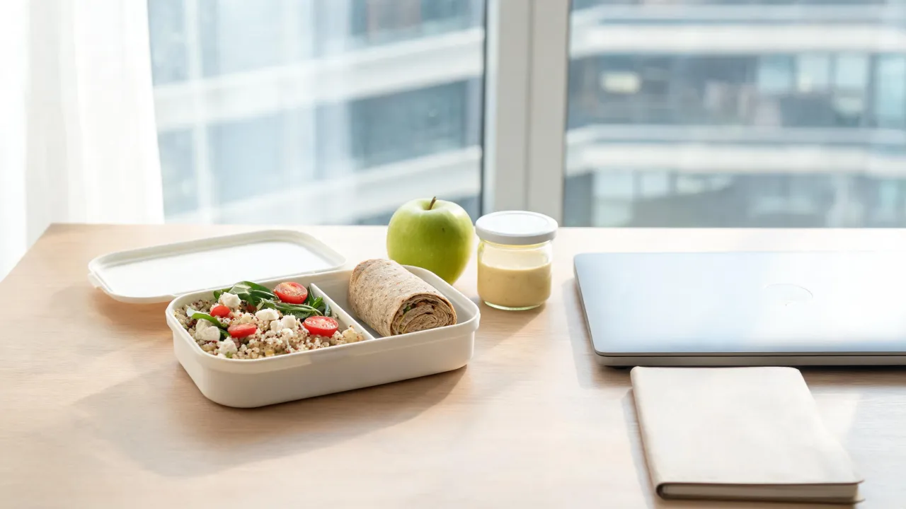 Lunchbox met salade, volkorenwrap en fruit op een bureau naast een laptop